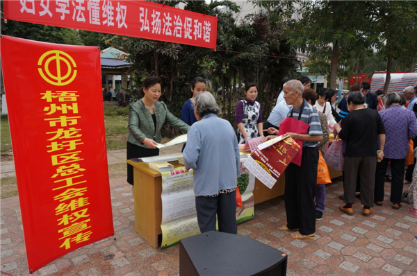 龍圩區(qū)總工會(huì)在2015年3月開展迎&ldquo;三八&rdquo;婦女維權(quán)月普法活動(dòng)，以&ldquo;婦女法治懂維權(quán)，頌揚(yáng)法治促和諧&rdquo;為指導(dǎo)思想，開展了以&ldquo;